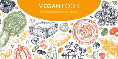 Vegan food illustration in color. Healthy food banner template. Middle eastern cuisine frame. Hand drawn vegan meals and ingredients for menu, recipe, packaging design. Vegan food background